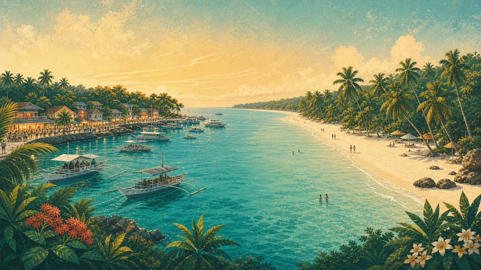 Illustrated comparison of lively Alona Beach and the broad quiet shore of Dumaluan