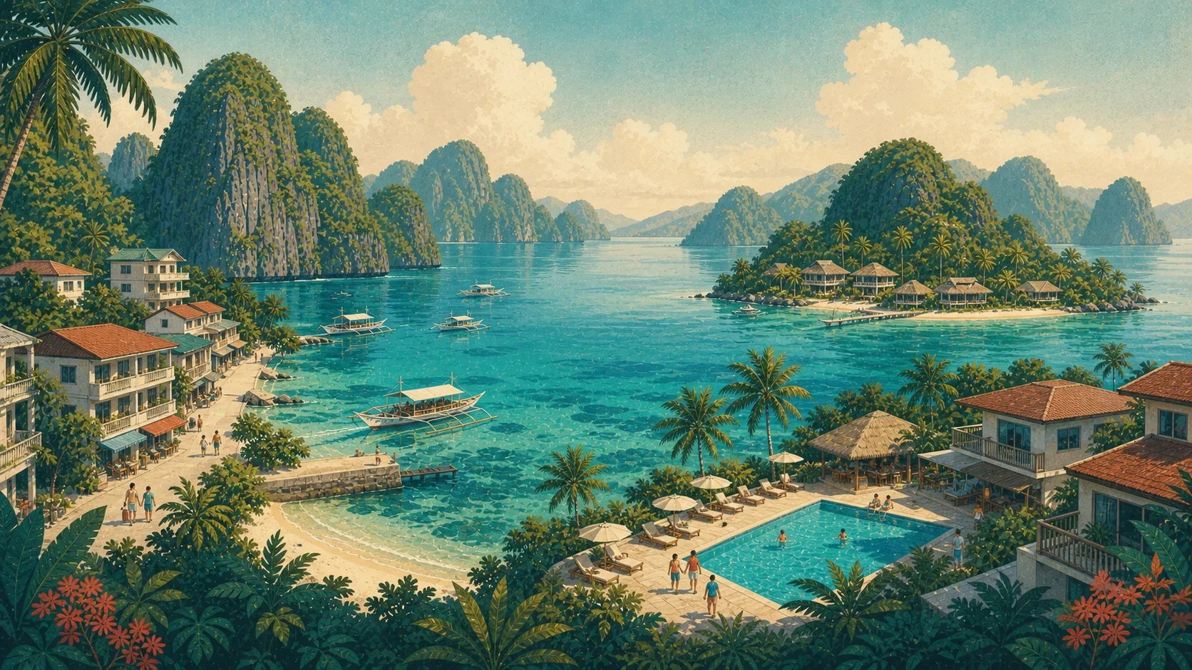 Illustrated family lodging choices around El Nido, from town and Corong Corong to a private island