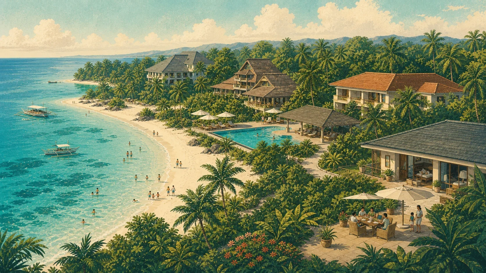 Illustrated family-friendly Panglao stays with beach, pool, rooms, and shaded dining