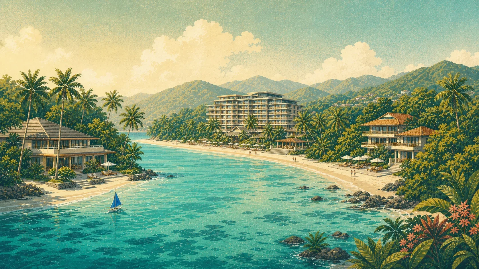 Illustrated Boracay coastline with contrasting beachfront hotel settings among the palms