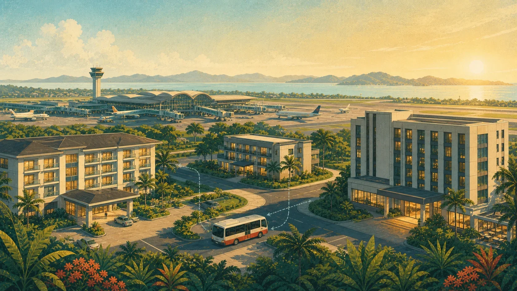 Illustrated Cebu airport district with nearby transit hotels and a shuttle at dawn