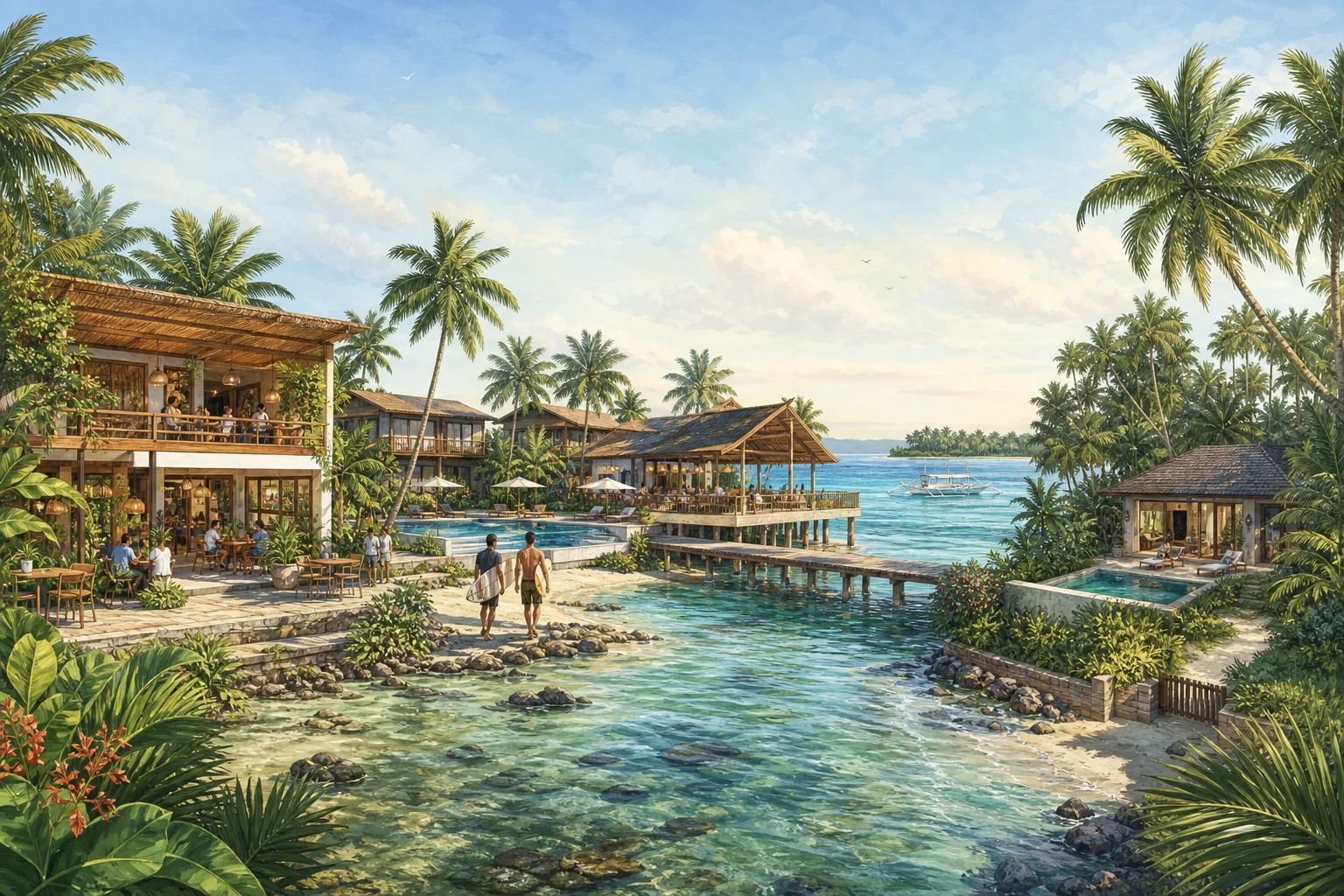 Illustrated comparison of central, surf-side, and private-pool hotel settings along the palm-lined Siargao coast