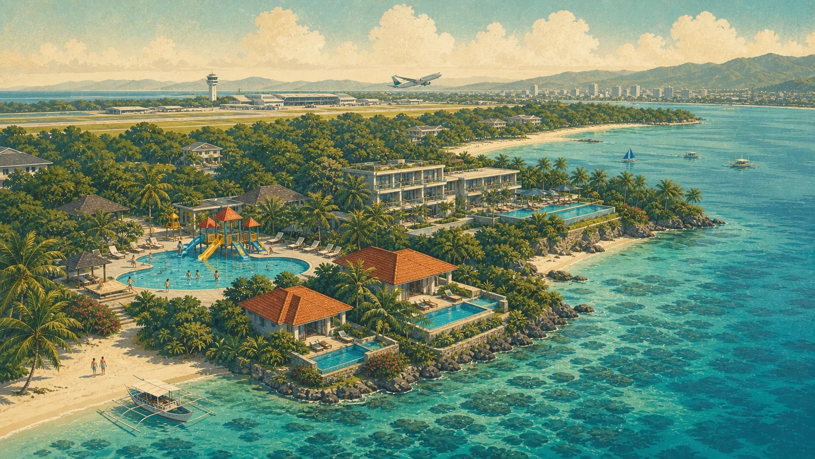 Illustrated Mactan coast with contrasting beach, family-pool, villa, and modern resort settings