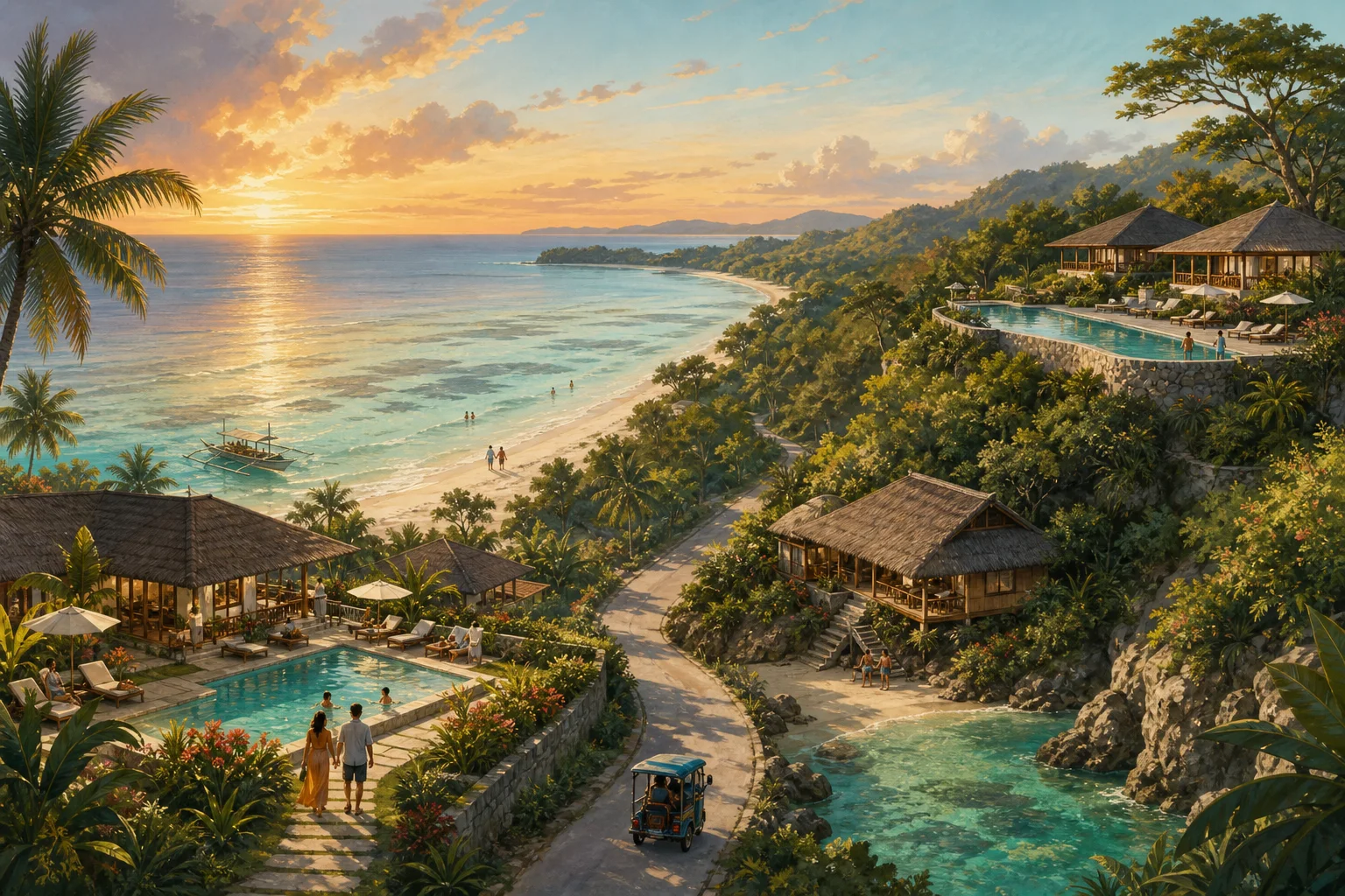 Illustrated comparison of a Siquijor beachfront resort, private-cove bungalow, and hilltop pool at sunset