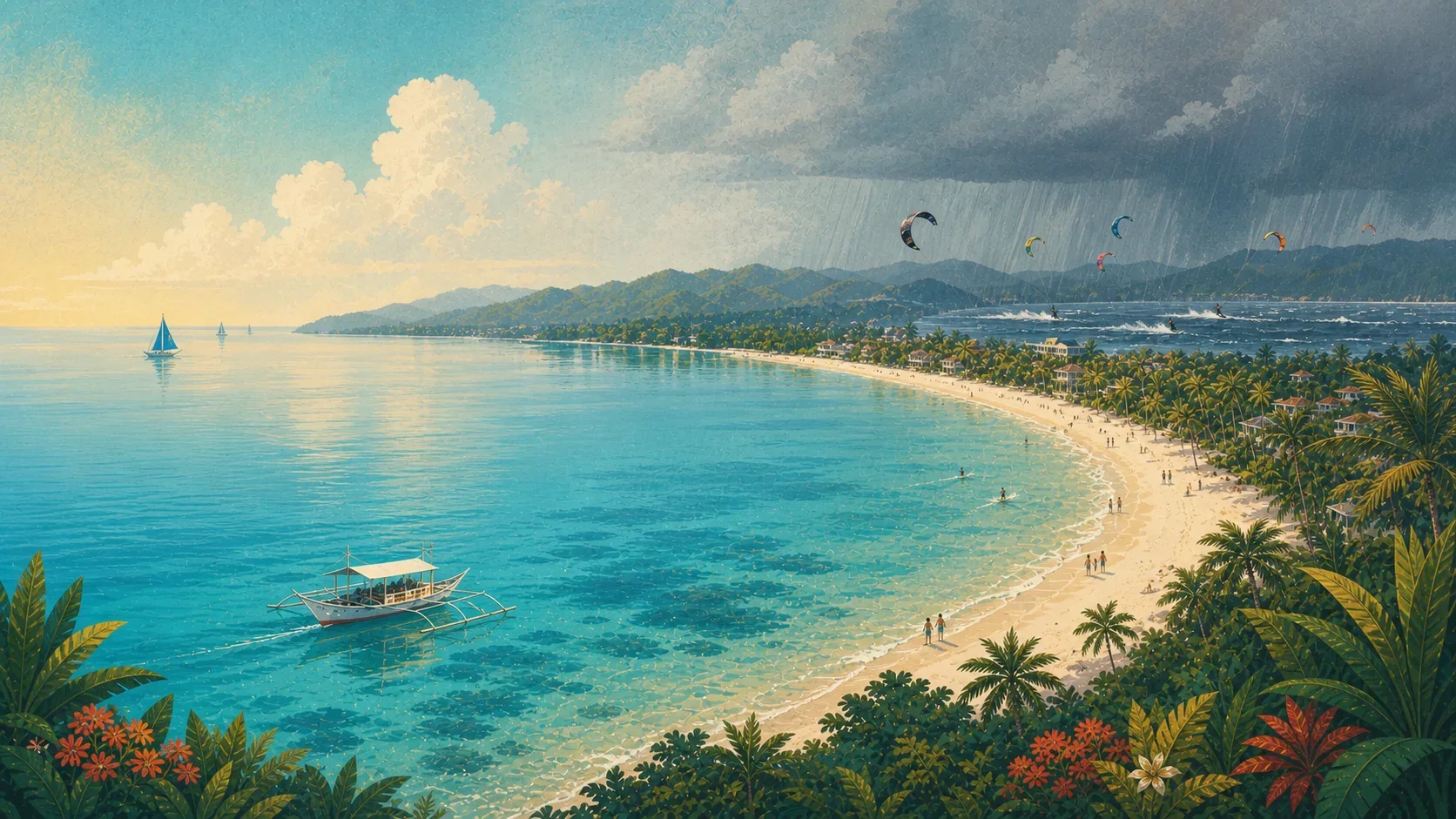 Illustrated Boracay coastline transitioning between calm sun, soft rain, and wind-sport conditions