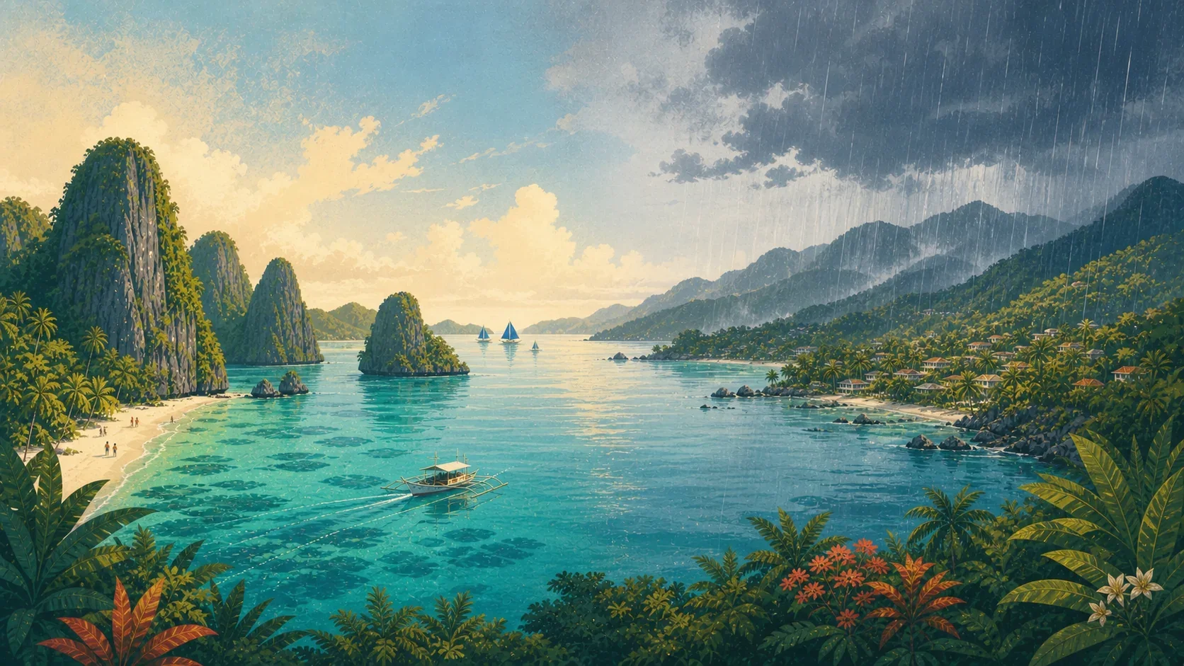 Illustrated Philippine coast transitioning from calm sunshine to tropical rain
