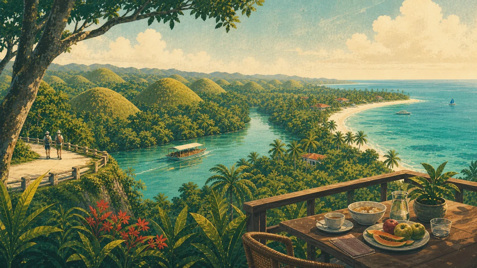 Illustrated Bohol landscape flowing from the Chocolate Hills and Loboc River to Panglao