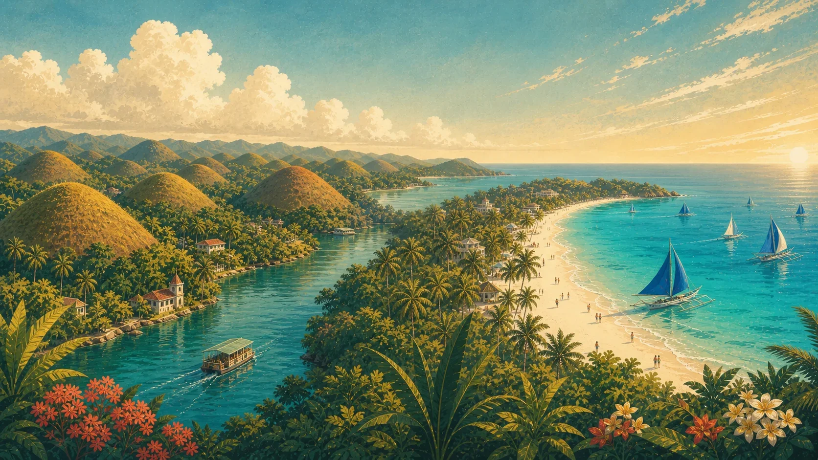 Illustrated comparison of Bohol countryside and Panglao with Boracay White Beach