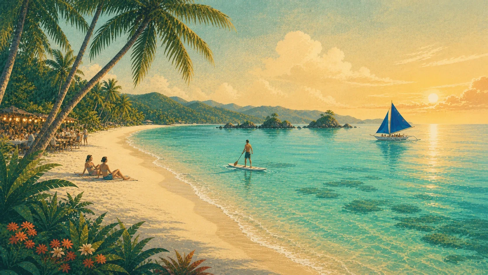 Illustrated easy day on Boracay with White Beach, a paraw sail, and sunset light