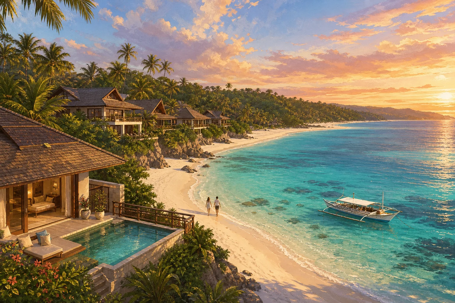 Illustrated luxury resort cove in northern Boracay with a plunge-pool villa, white sand, and an outrigger boat at sunset