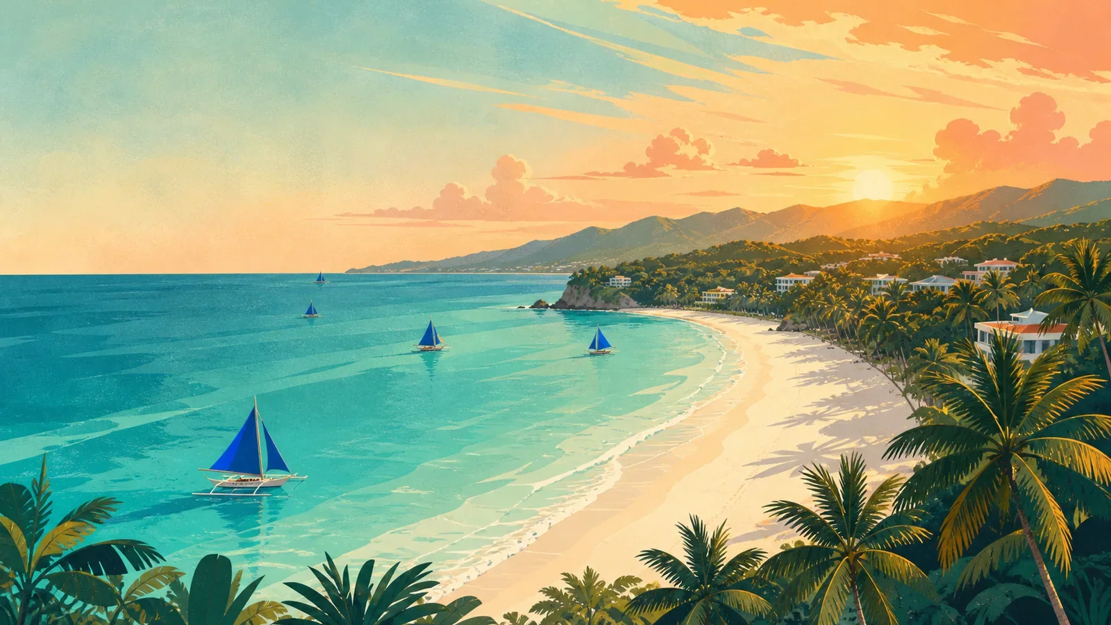 Editorial illustration of White Beach in Boracay at golden hour