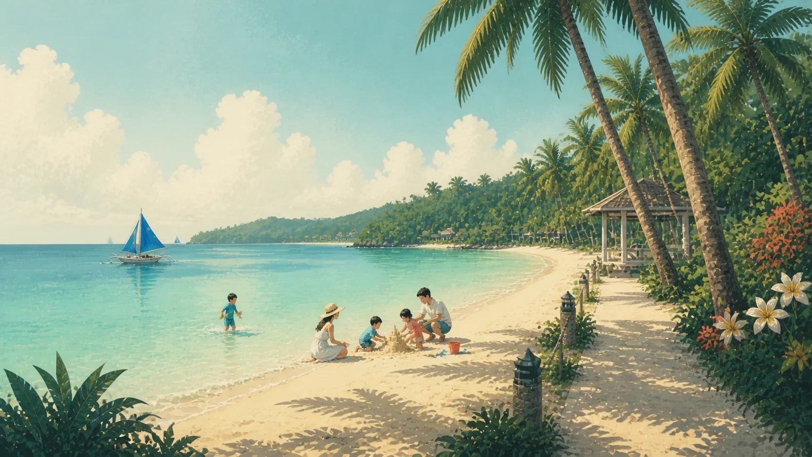 Illustrated family enjoying calm shallow water and shaded sand on Boracay