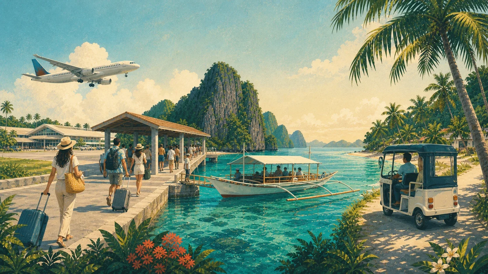 Illustrated transfer sequence from Caticlan airport to the jetty, boat, and Boracay island transport