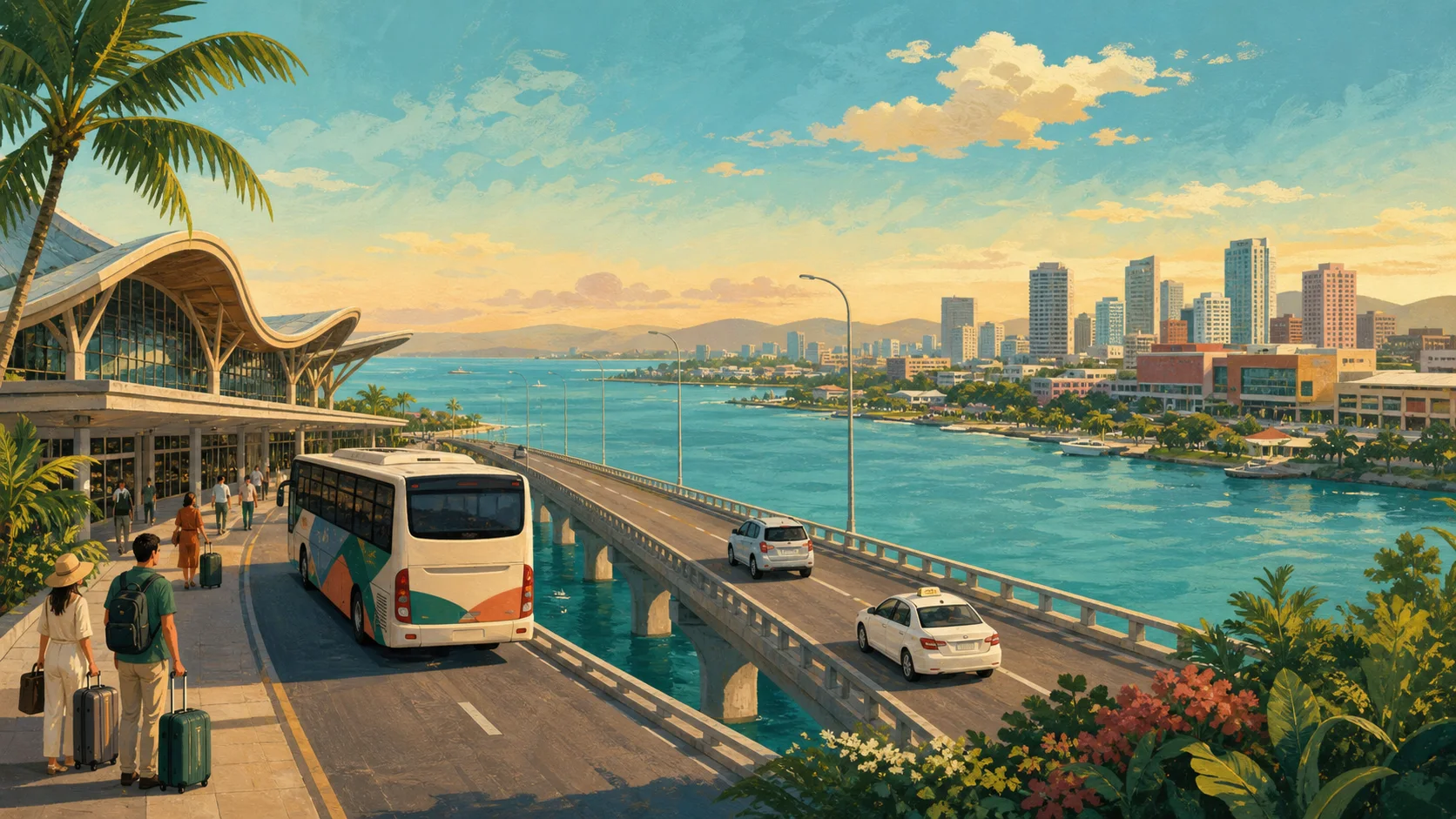 Illustrated airport bus, taxi, and private car crossing from Mactan Airport toward Cebu City
