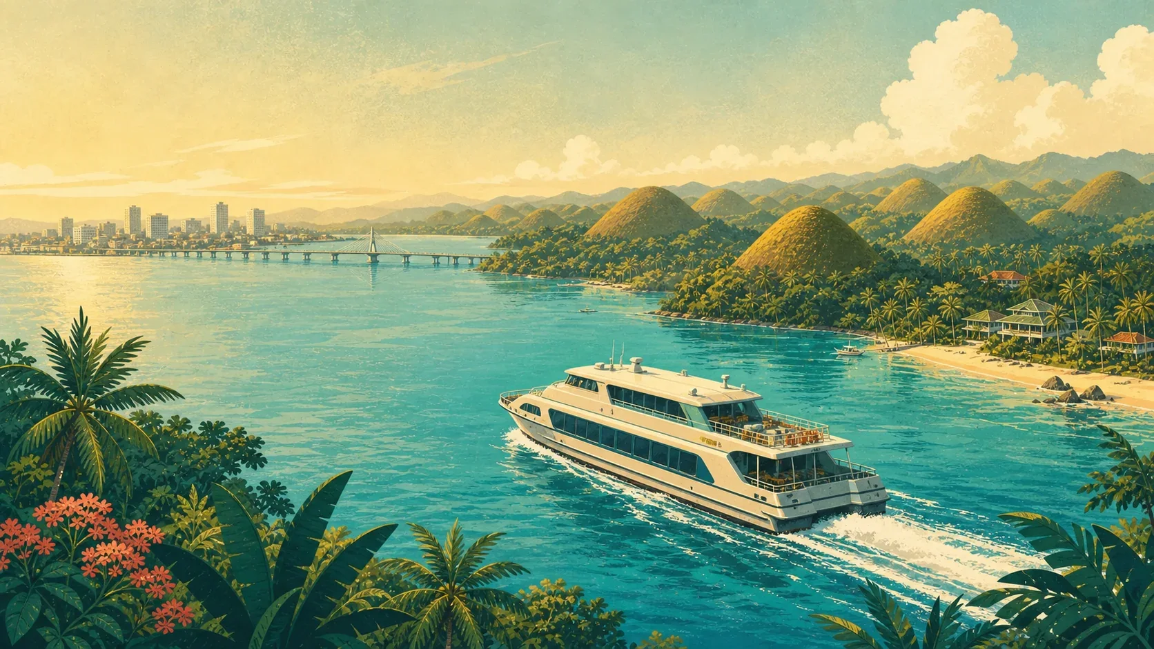 Illustrated ferry route from Cebu toward the Chocolate Hills and coast of Bohol