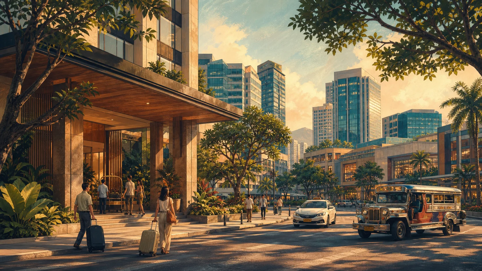 Illustrated Cebu City hotel district with travelers, tropical walkways, towers, a taxi, and a jeepney
