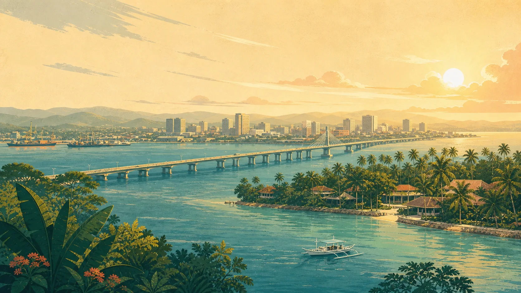 Editorial illustration of Cebu City, the bridge to Mactan, and the island coast