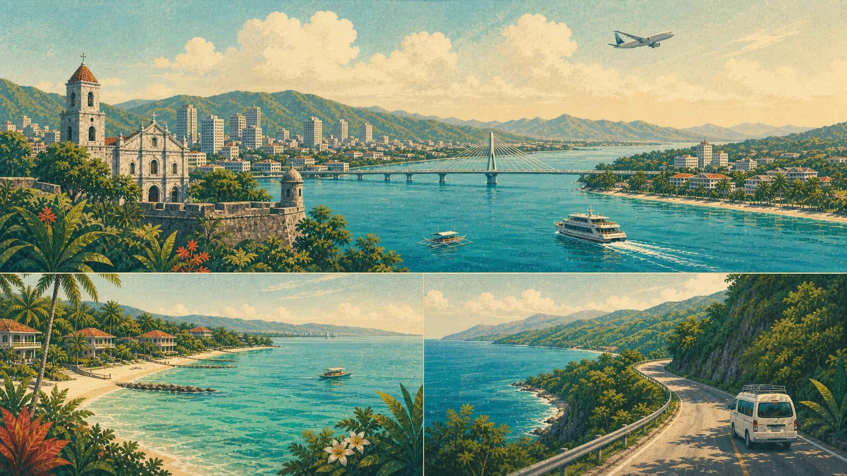 Illustrated three-day Cebu route connecting the city, Mactan, and an optional south-coast base