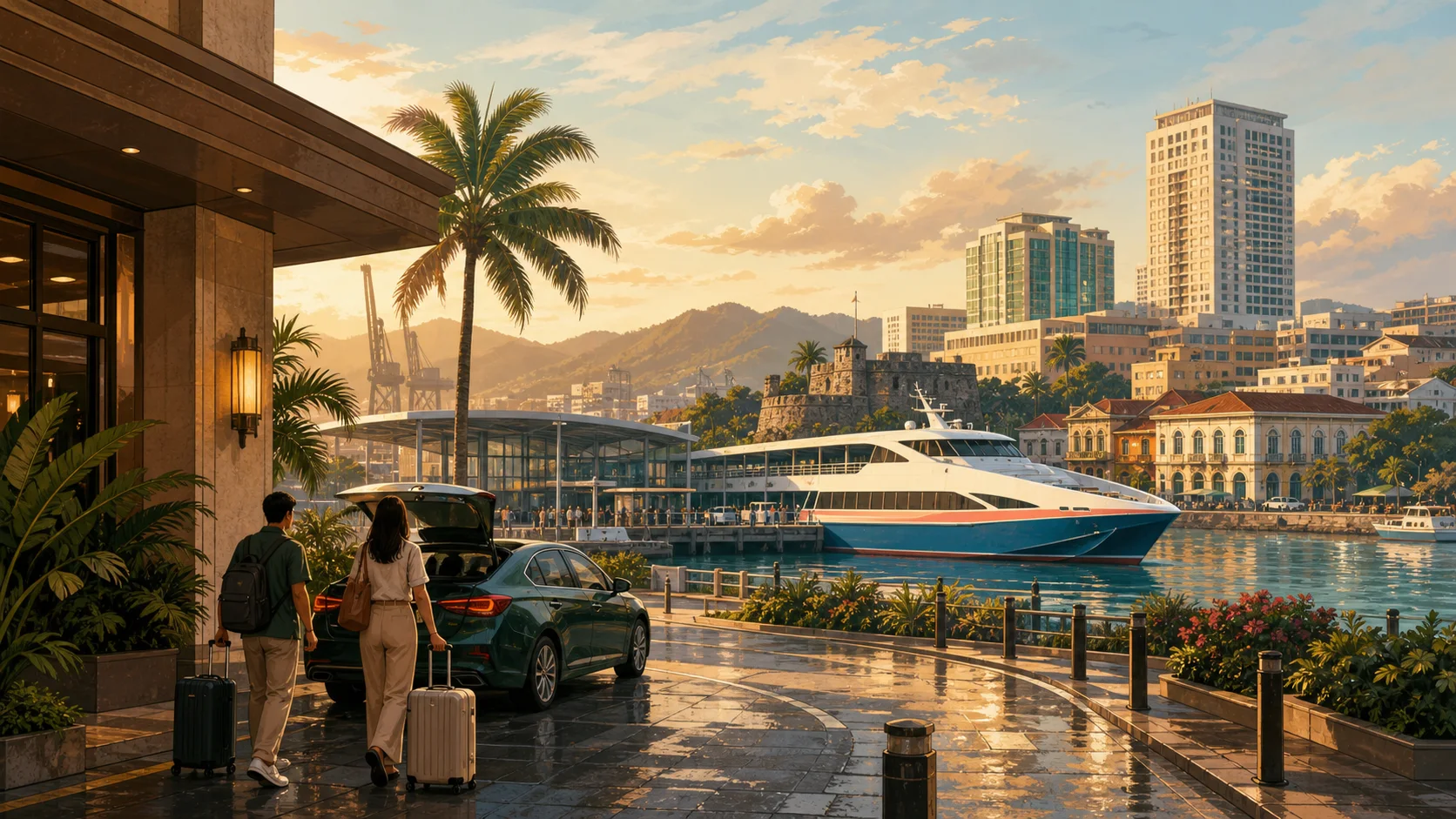 Illustrated Cebu Pier 1 ferry morning with travelers leaving a city hotel for the passenger terminal