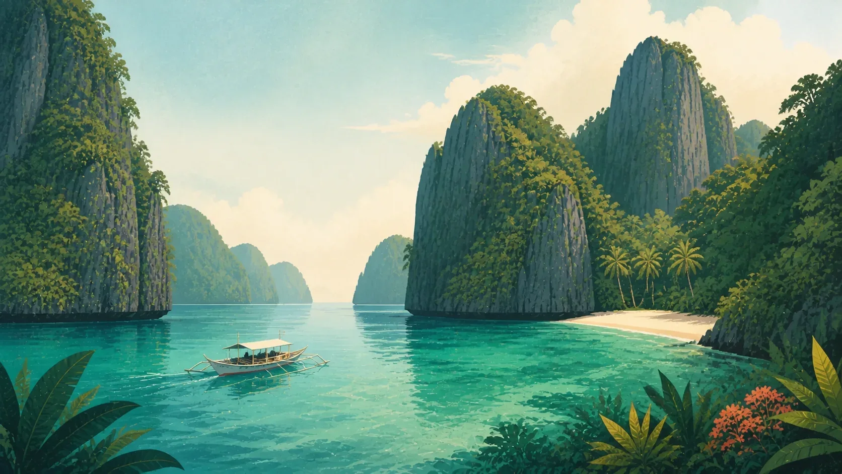 Illustrated outrigger boat crossing a quiet lagoon among the limestone islands of El Nido