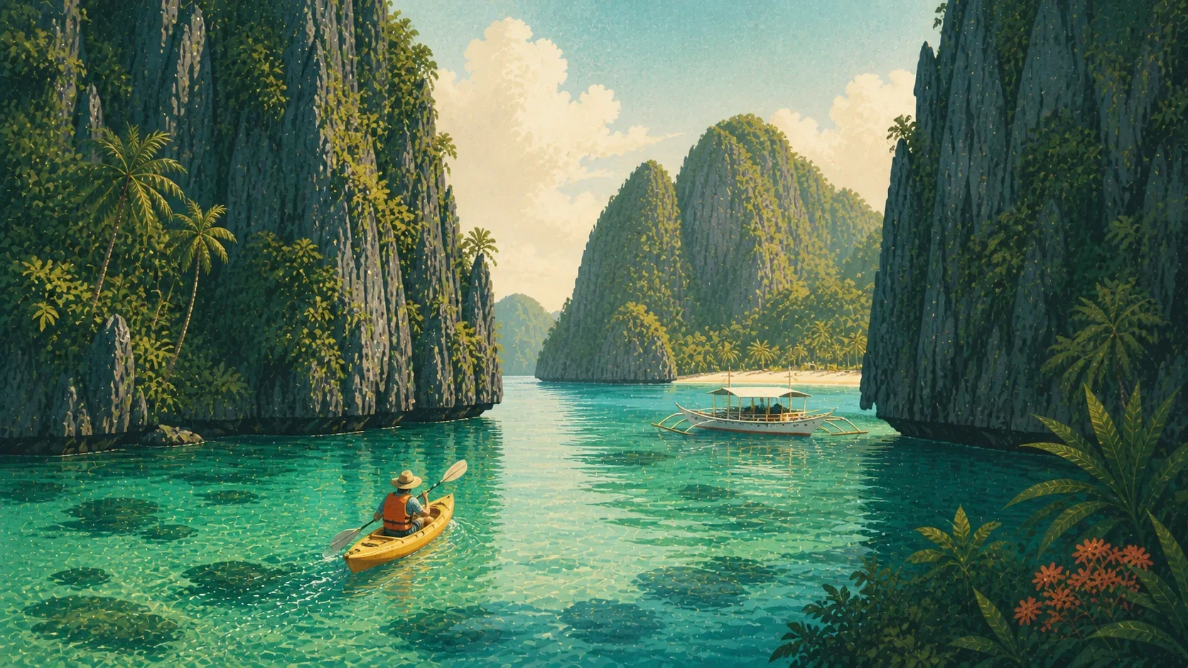 Illustrated kayak entering Big Lagoon while an outrigger boat waits in Bacuit Bay