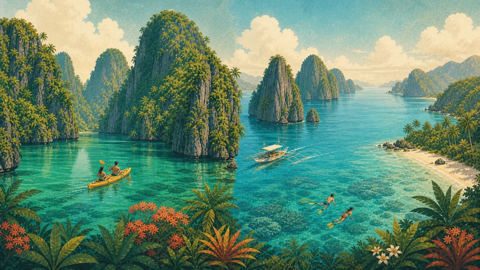 Illustrated comparison of a sheltered El Nido lagoon route and an open-water beach route