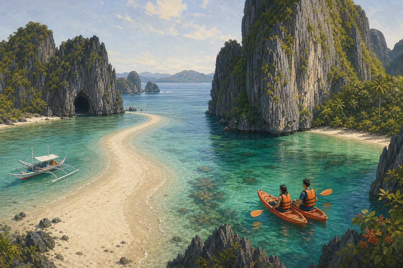 Illustrated comparison of the Snake Island sandbar and sea cave on Tour B with a sheltered Cadlao lagoon kayak route on Tour D