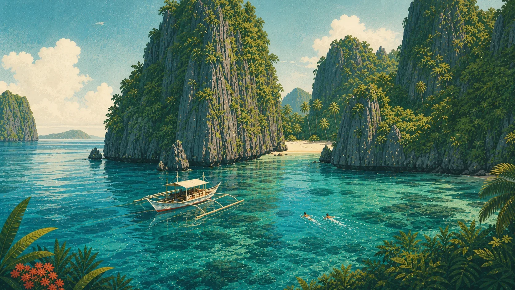 Illustrated swimmers approaching a hidden beach among the Matinloc and Tapiutan islands