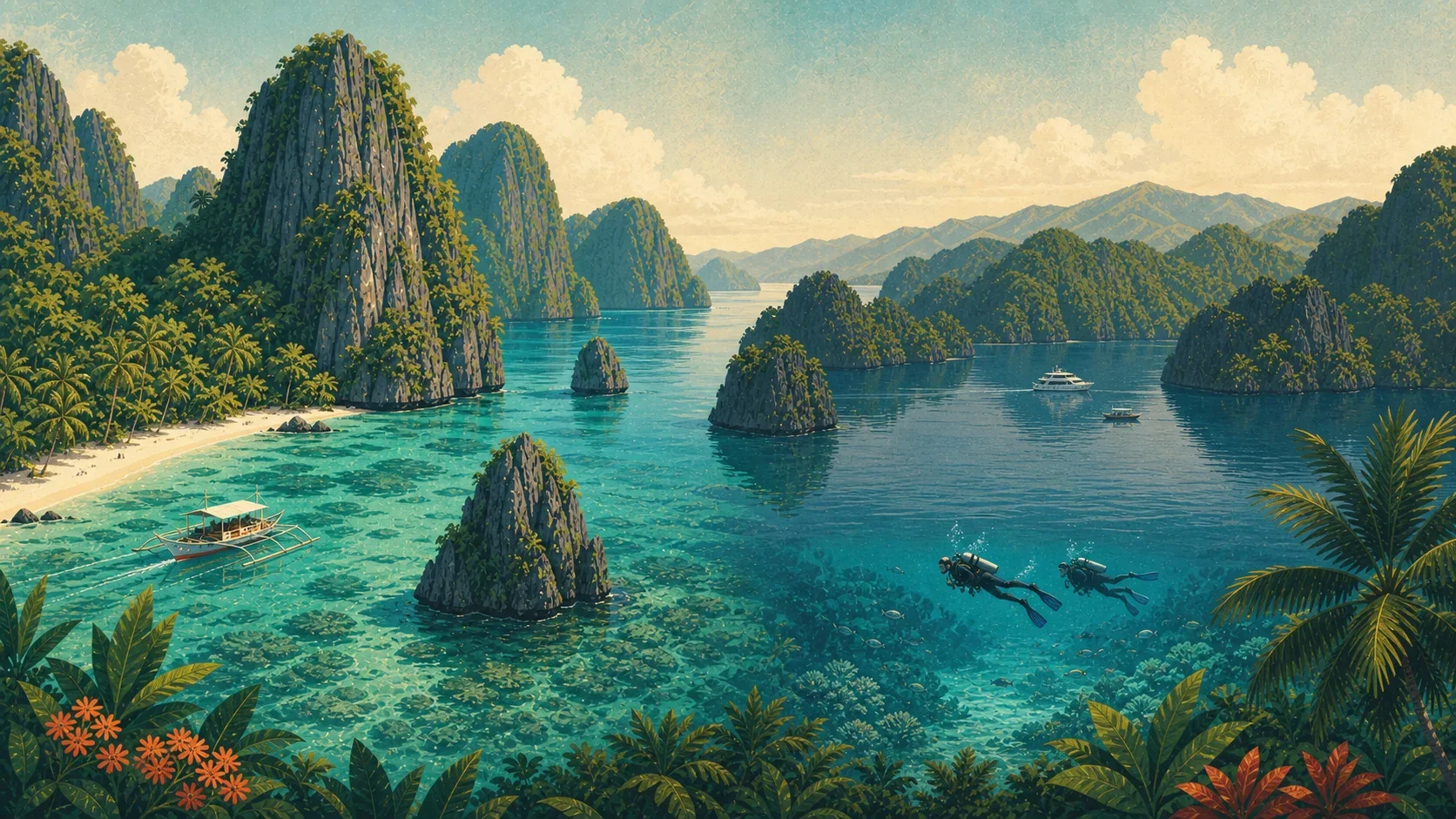 Illustrated comparison of an El Nido lagoon and the dark karst islands and lake country of Coron