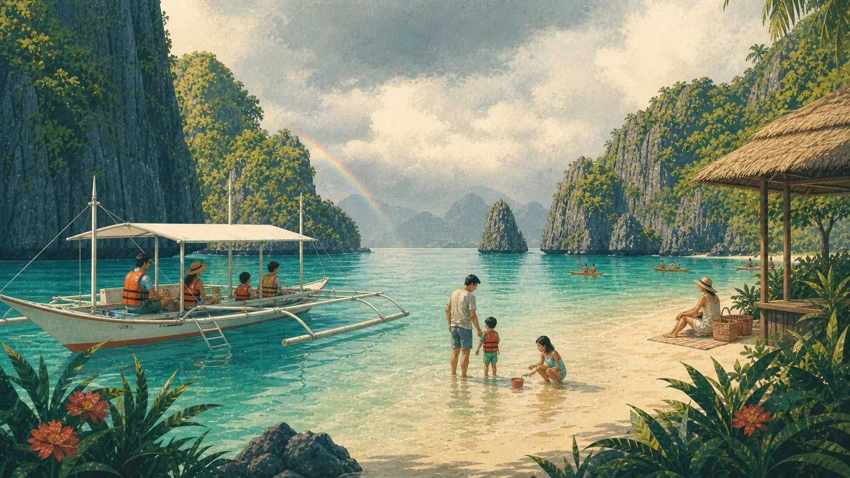 Illustrated family-paced boat and recovery day among the lagoons and beaches of El Nido
