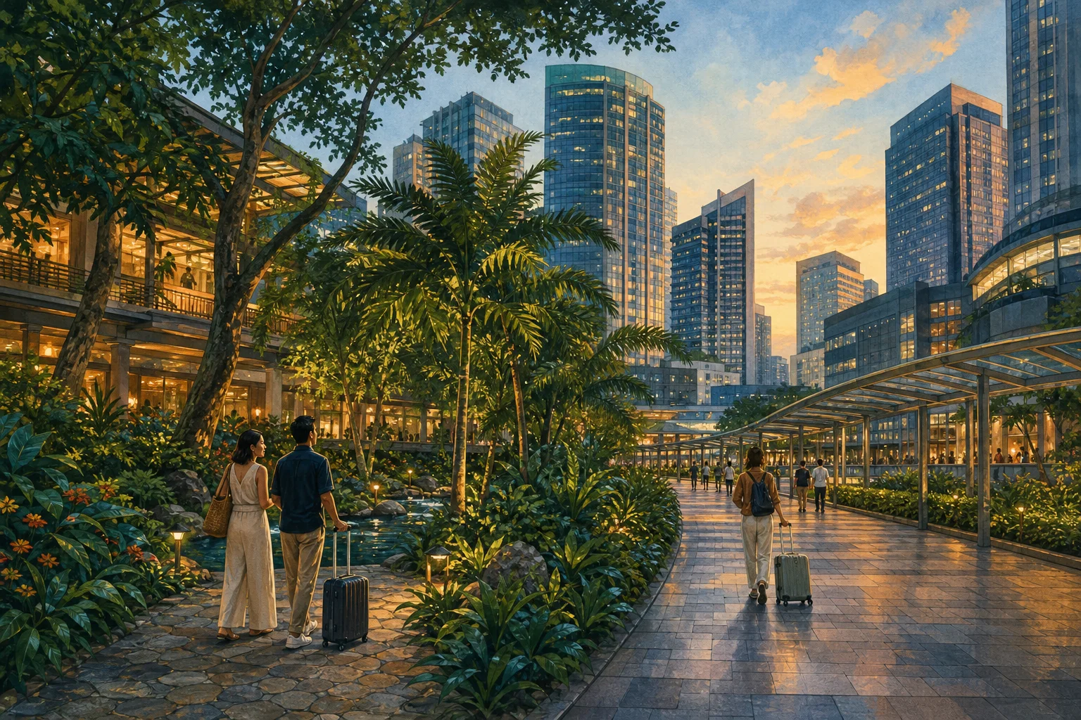 Illustrated Makati cityscape with travelers choosing between Greenbelt gardens and a covered route toward Glorietta
