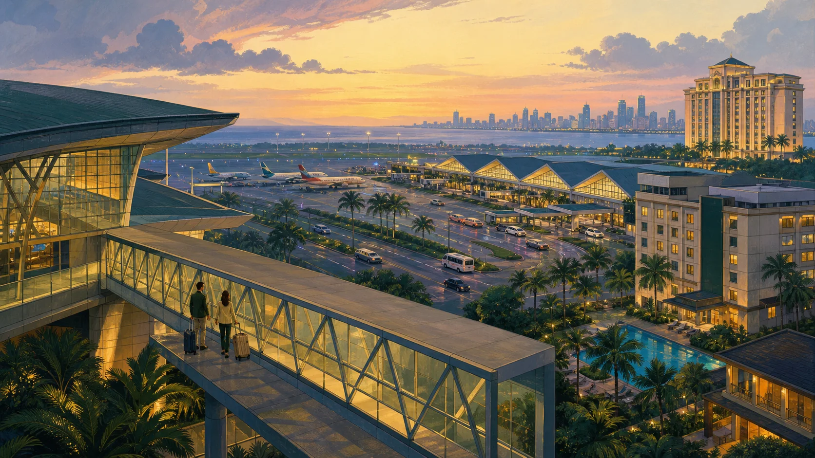 Illustrated Manila airport hotels showing the Terminal 3 pedestrian bridge and separate road-served terminals