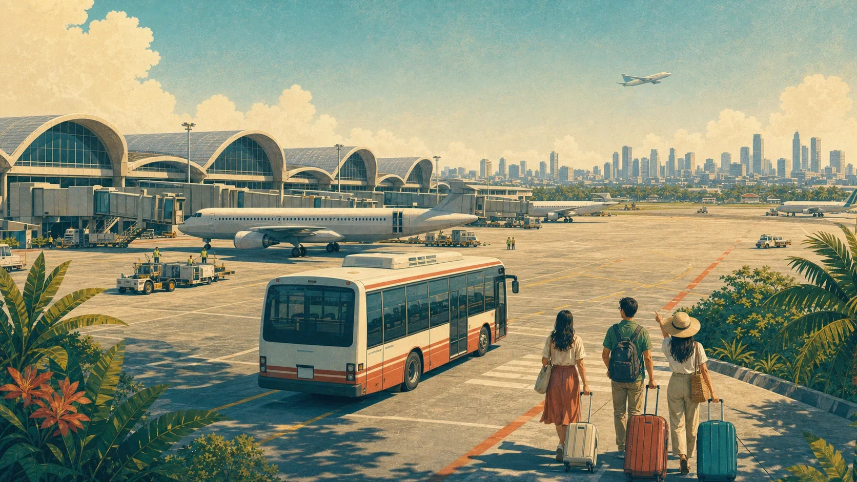 Illustrated Manila airport terminal panorama with aircraft and an airside shuttle bus