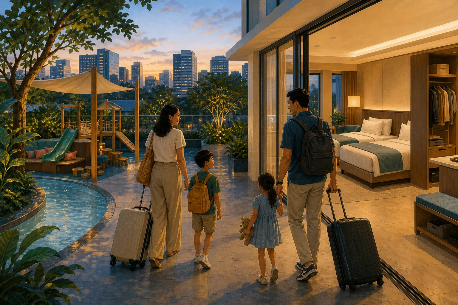Illustrated family arriving at a spacious Manila hotel room beside a children’s pool and shaded play area