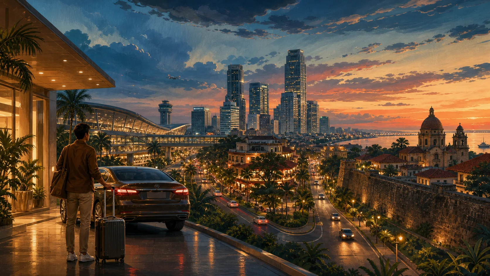 Illustrated Manila arrival night connecting Terminal 3 and Newport with Makati, Manila Bay, and Intramuros