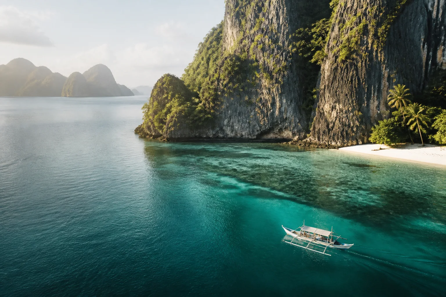 An outrigger boat passing limestone islands and clear water in Palawan
