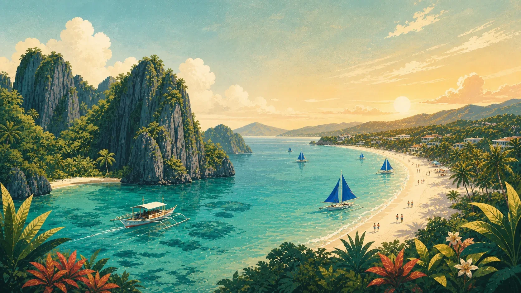 Illustrated comparison of a Palawan limestone lagoon and the long white beach of Boracay