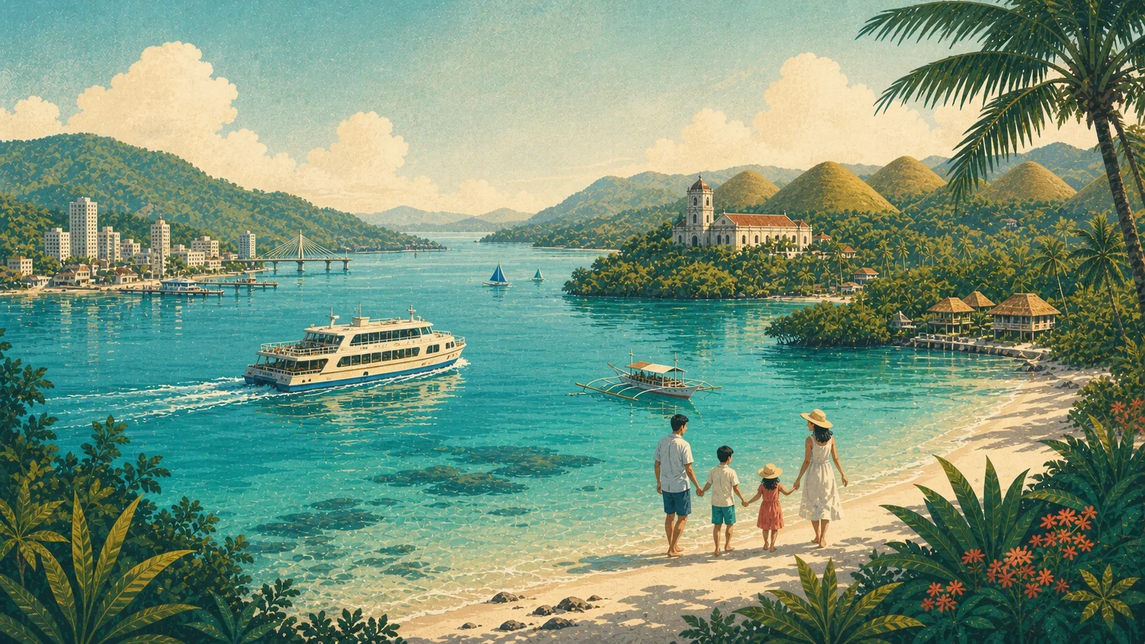 Illustrated family route linking Cebu, Bohol countryside, and a shallow Panglao beach