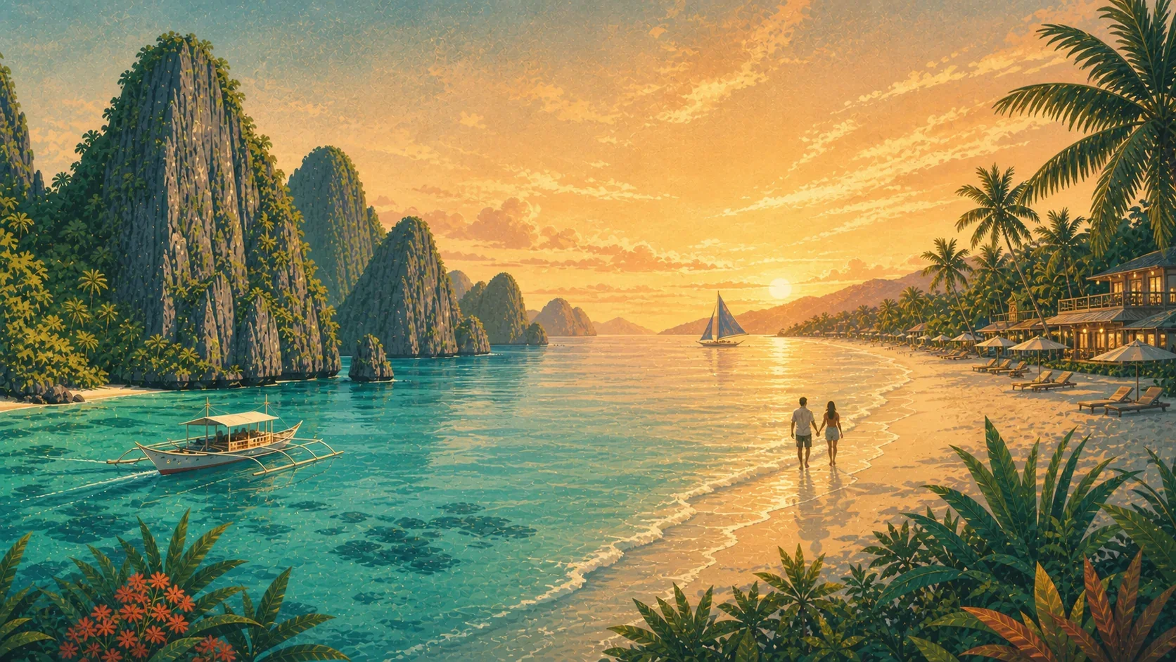 Illustrated honeymoon journey from the limestone islands of El Nido to a Boracay sunset