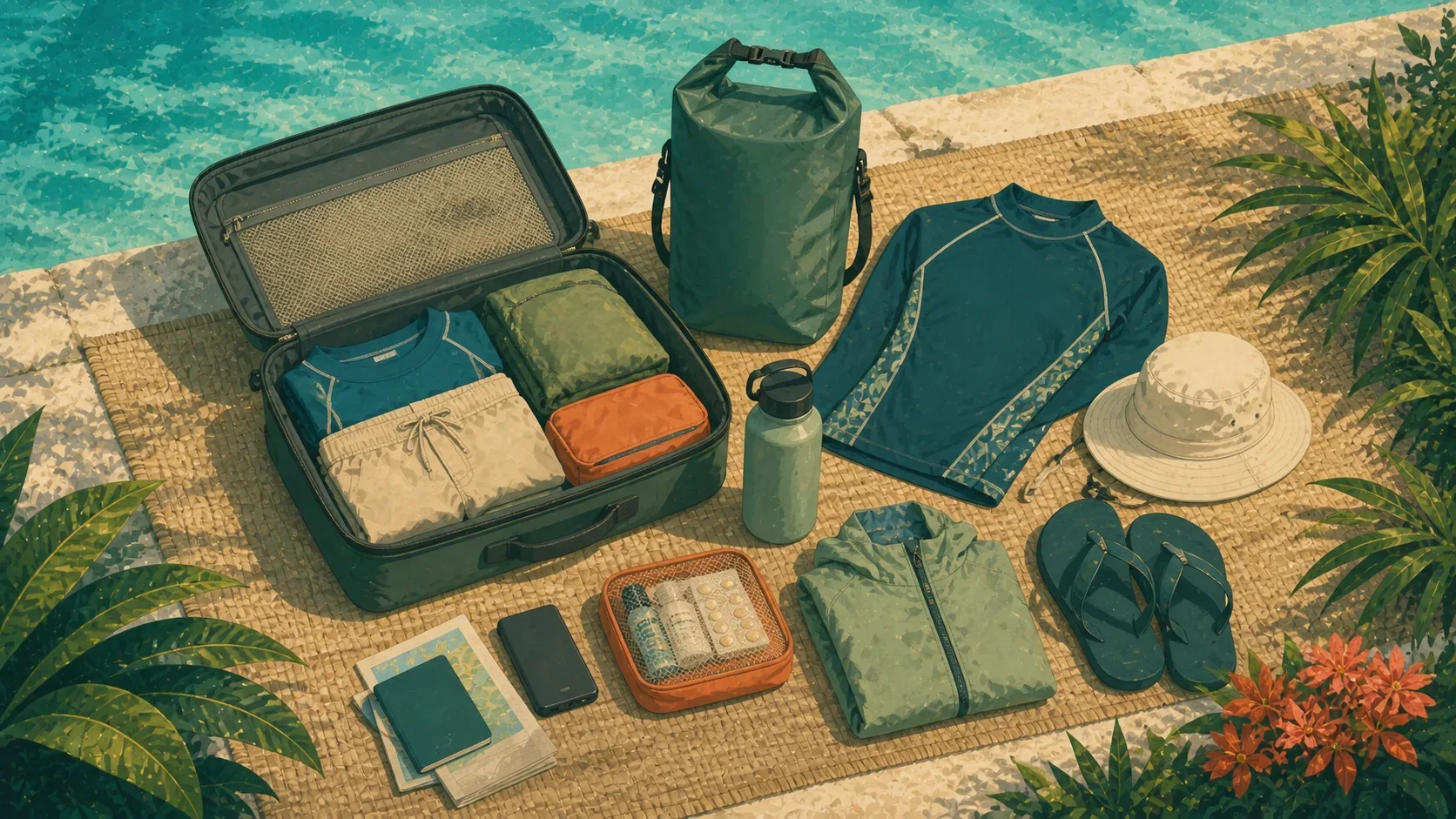 Illustrated flat lay of lightweight island-hopping essentials beside turquoise water