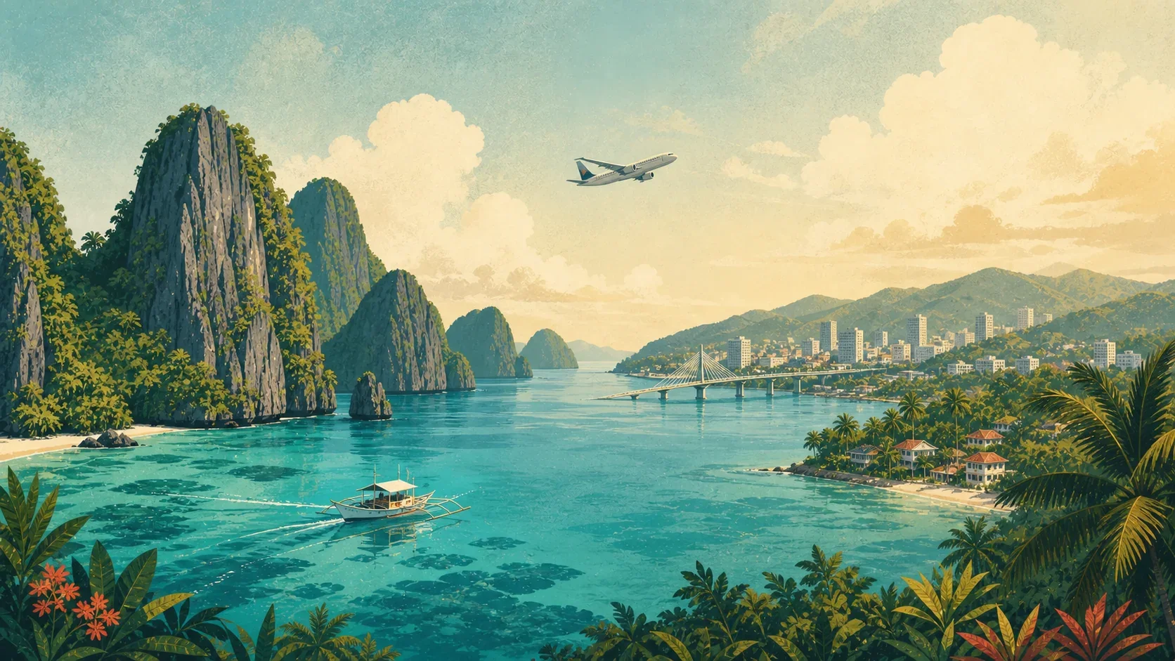 Illustrated route from the limestone islands of Palawan to the coast and skyline of Cebu