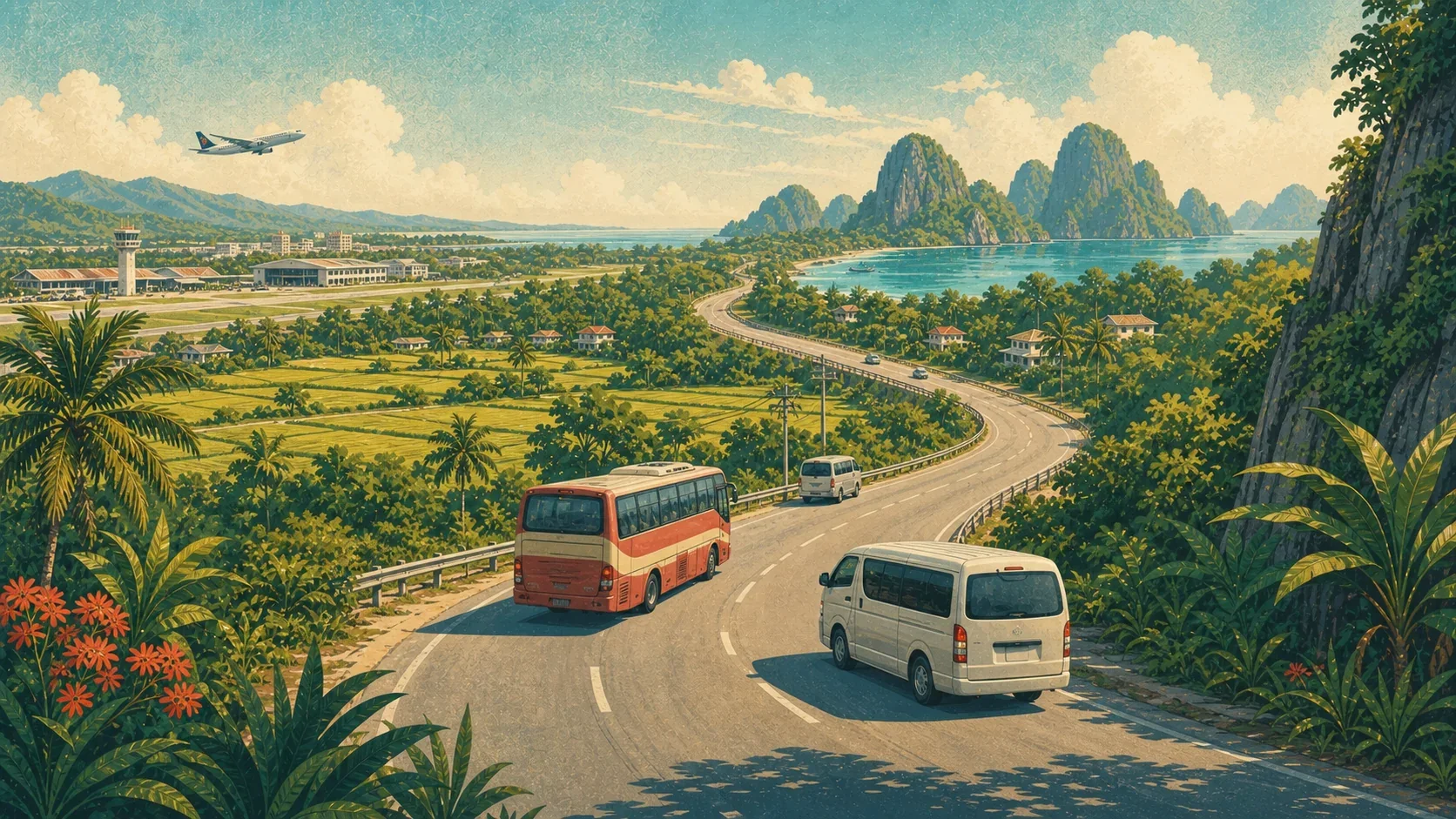Illustrated tropical road from Puerto Princesa toward the limestone coast of El Nido
