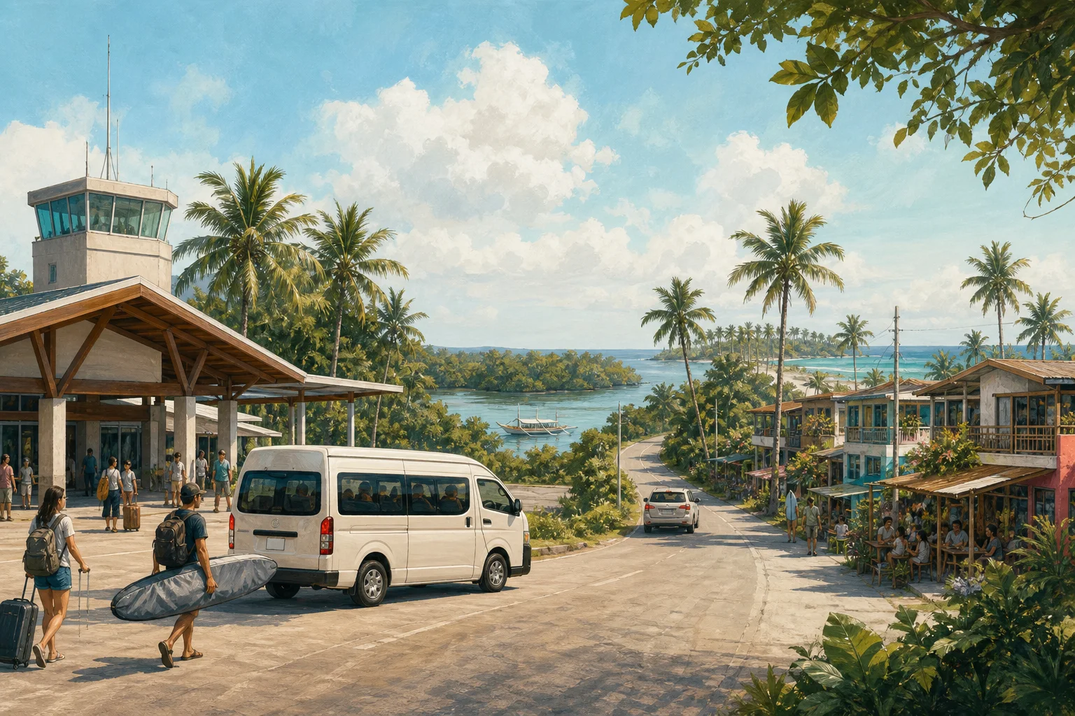Illustrated shared van journey from Siargao Airport through coconut roads to General Luna