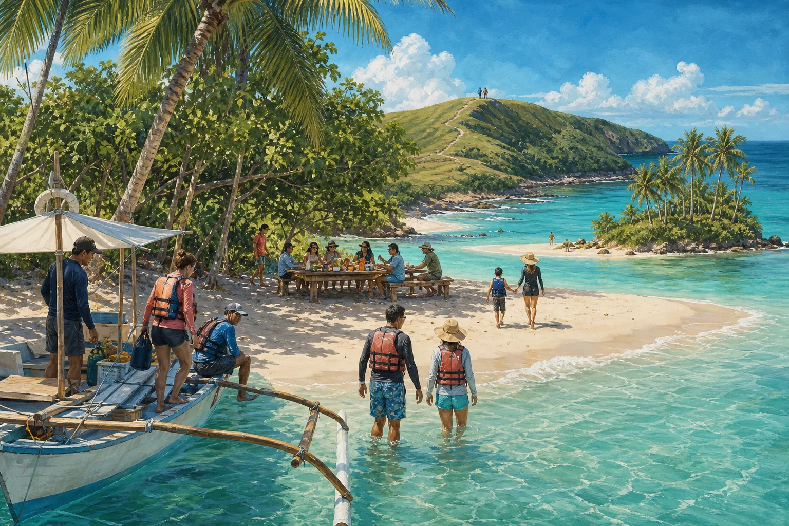 Illustrated Siargao island-hopping day with an outrigger boat, shaded Daku lunch, a small palm islet, and the optional Corregidor ridge walk
