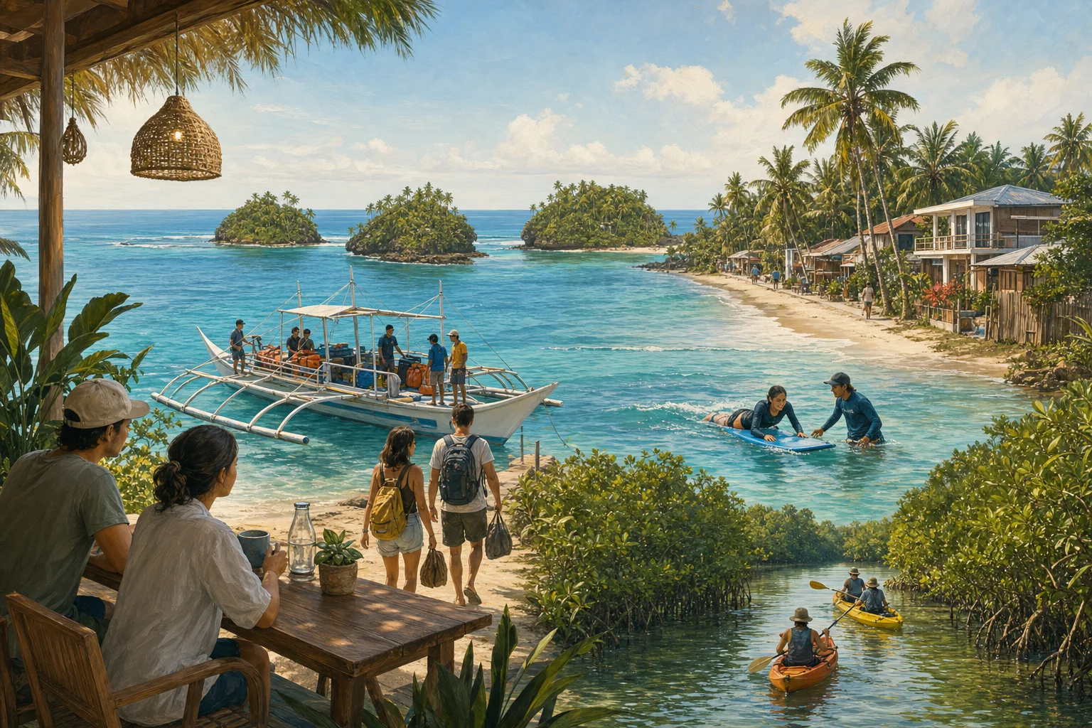 Illustrated five-day Siargao journey with island hopping, guided surf, cafe time, and a mangrove lagoon