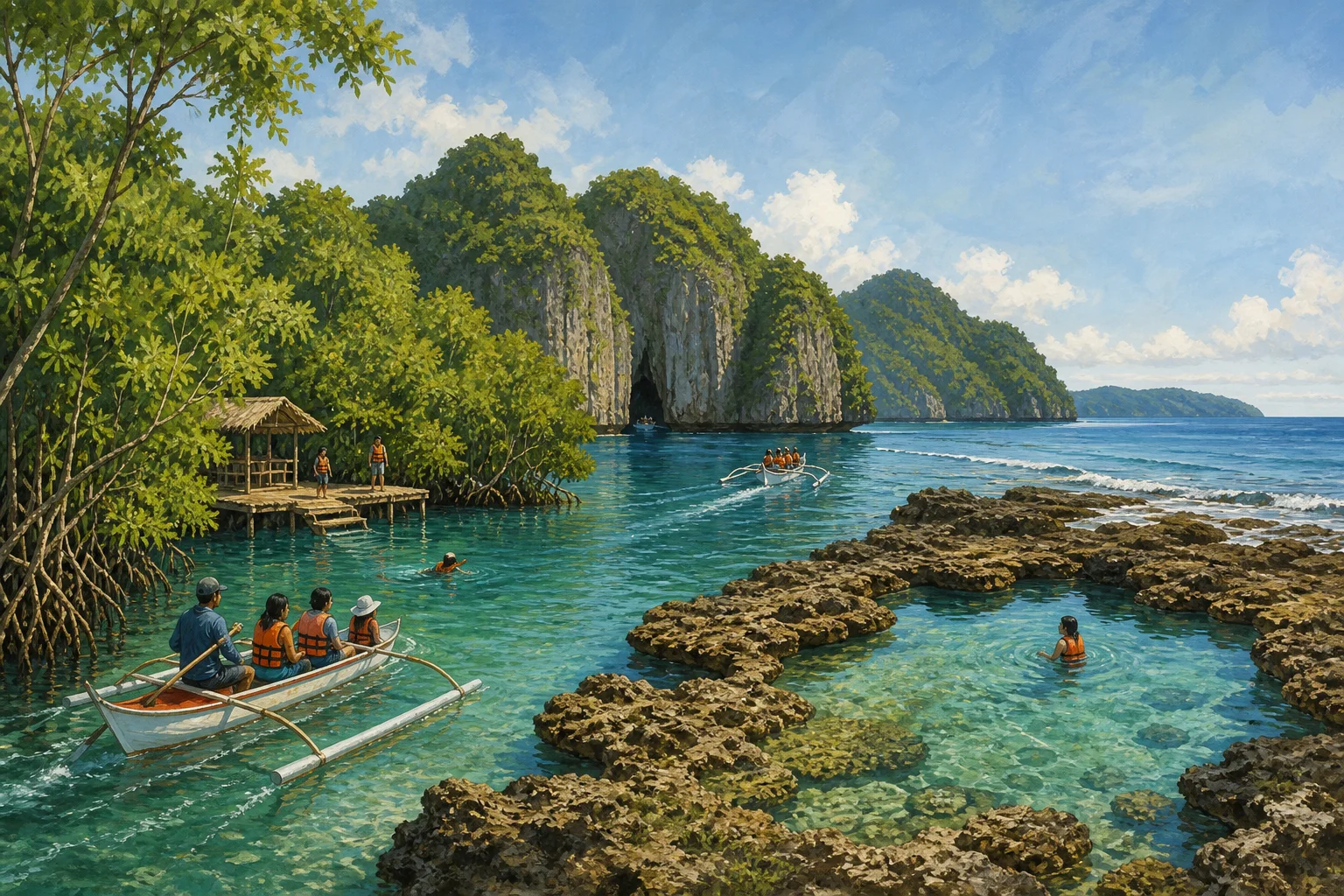 Illustrated comparison of Siargao mangrove lagoon boating, a longer limestone-cove route, and a low-tide rock pool