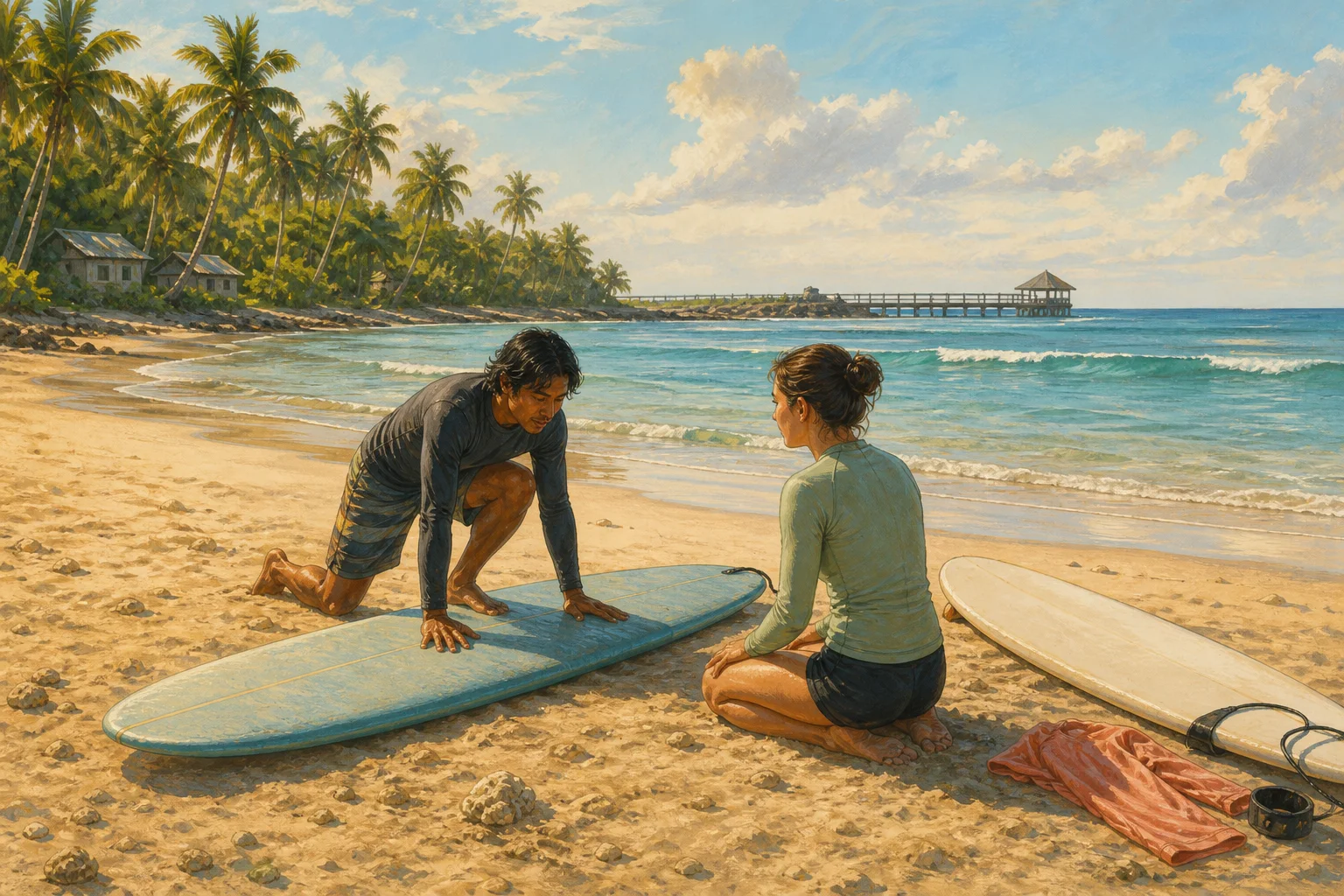 Illustrated one-to-one beginner surf lesson on the sand beside gentle waves near Catangnan, Siargao