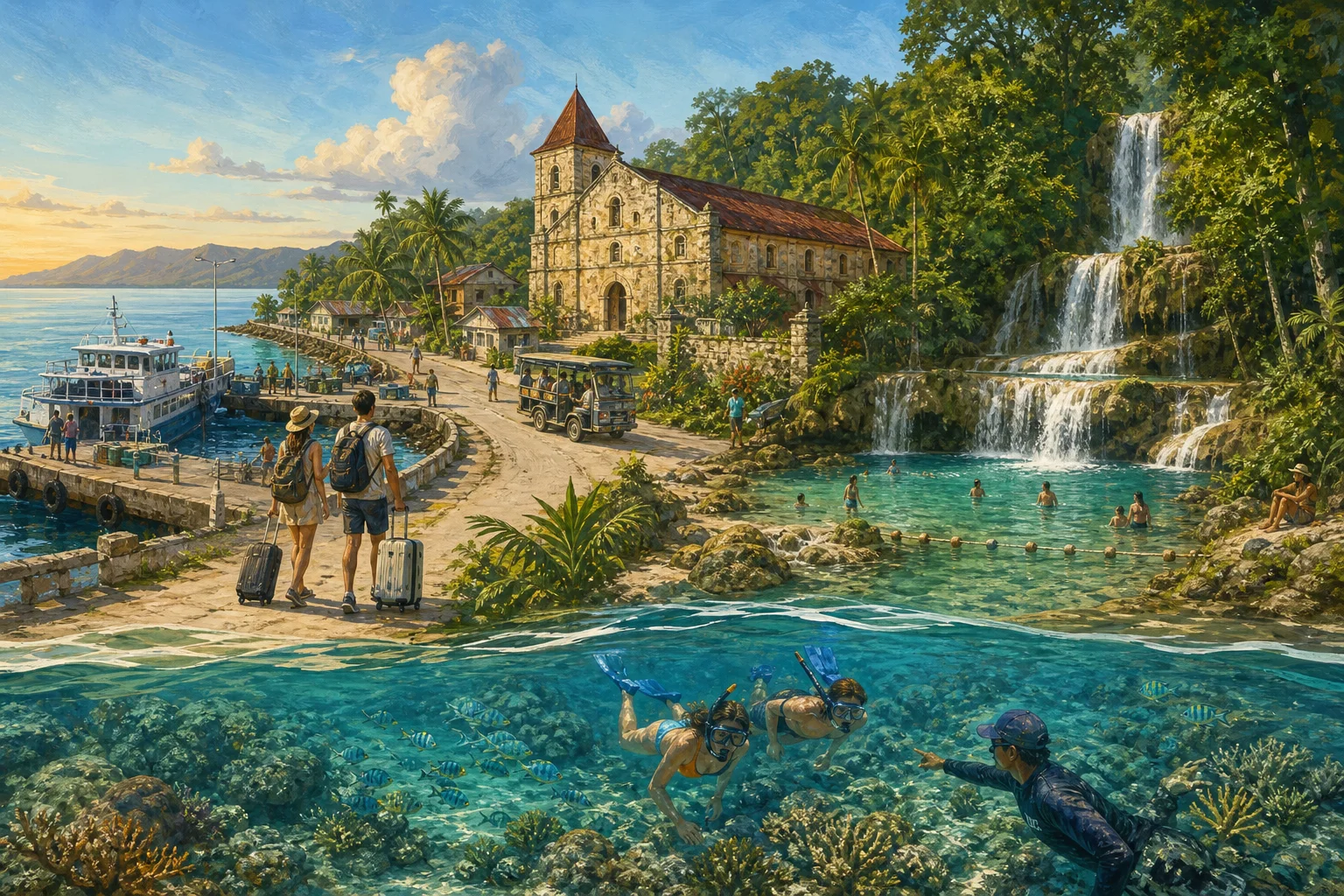 Illustrated Siquijor itinerary connecting ferry arrival, Lazi heritage, Cambugahay Falls, and guided reef snorkeling