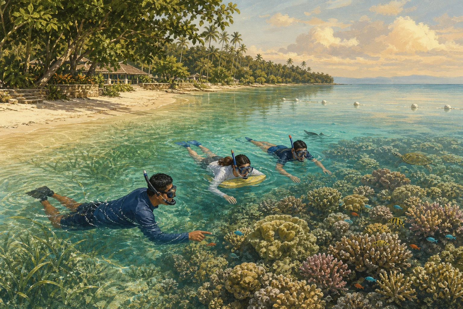 Illustrated guided shore snorkeling above the seagrass and coral of Tubod Marine Sanctuary in Siquijor