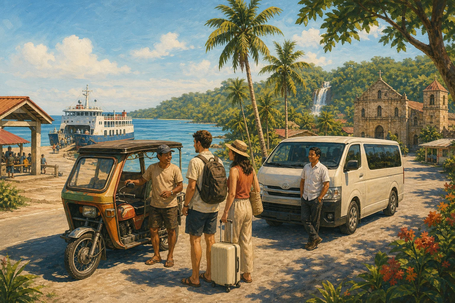 Illustrated travelers choosing between a Siquijor tricycle and private van after arriving by ferry